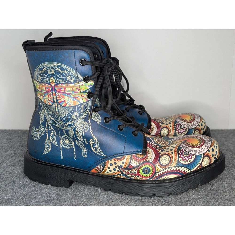 Dragonfly Dreamcatcher Painted Design On Style Lace Up Combat Boots Women's 11